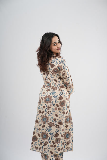 Beige & Earthy Floral Print Cotton Co-ord Set