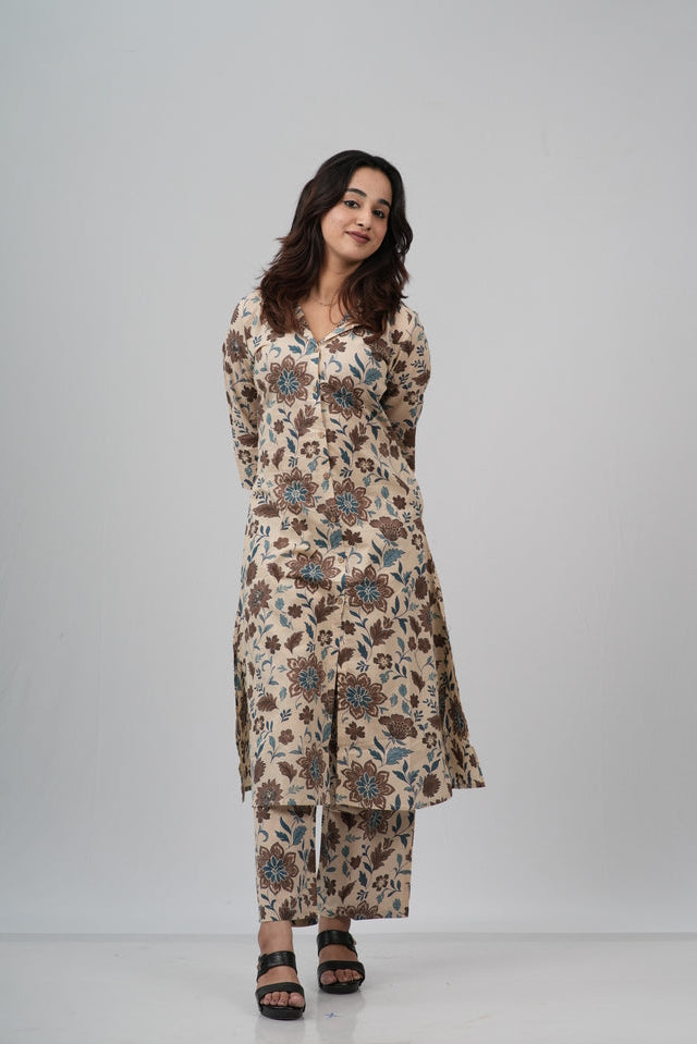 Beige & Earthy Floral Print Cotton Co-ord Set