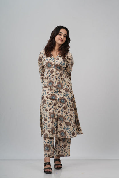 Beige & Earthy Floral Print Cotton Co-ord Set