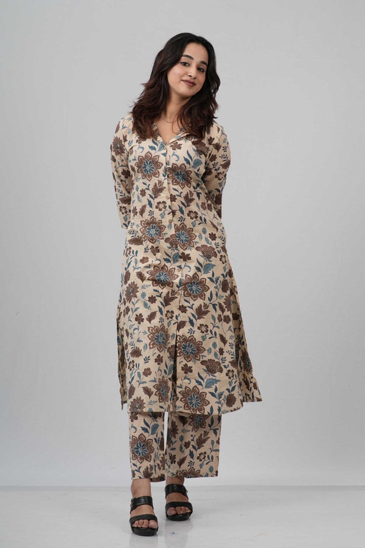 Beige & Earthy Floral Print Cotton Co-ord Set