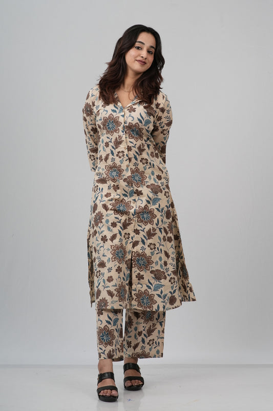 Beige & Earthy Floral Print Cotton Co-ord Set