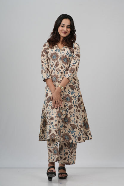 Beige & Earthy Floral Print Cotton Co-ord Set
