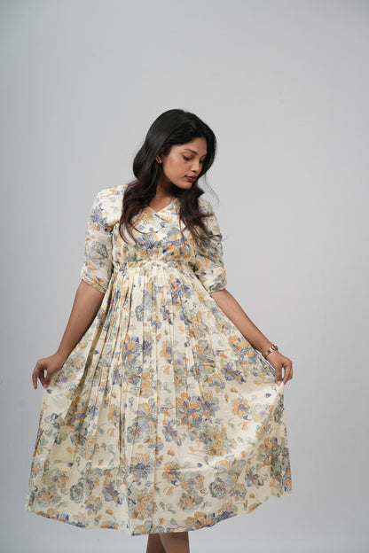 Cream Floral Cotton Tiered A-Line Dress