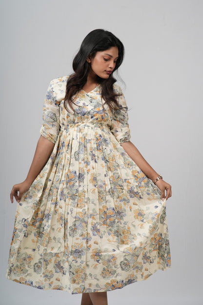 Cream Floral Cotton Tiered A-Line Dress
