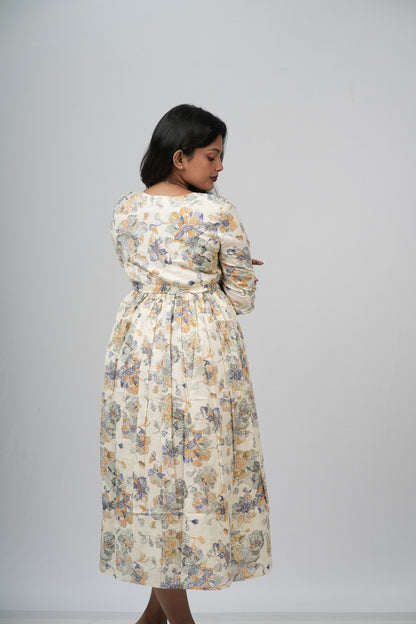 Cream Floral Cotton Tiered A-Line Dress