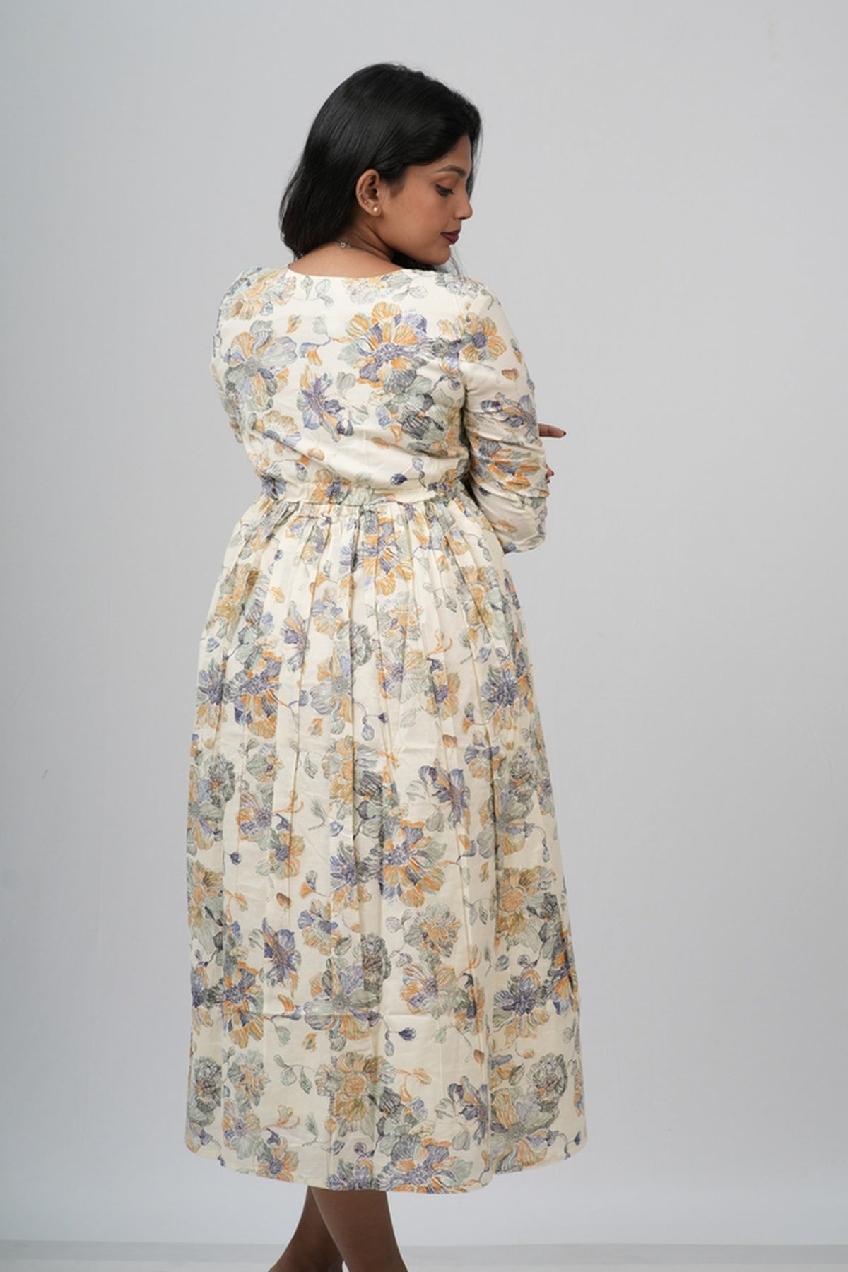Cream Floral Cotton Tiered A-Line Dress