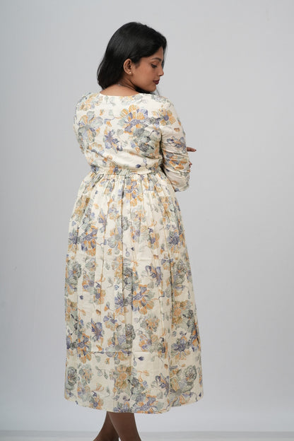 Cream Floral Cotton Tiered A-Line Dress
