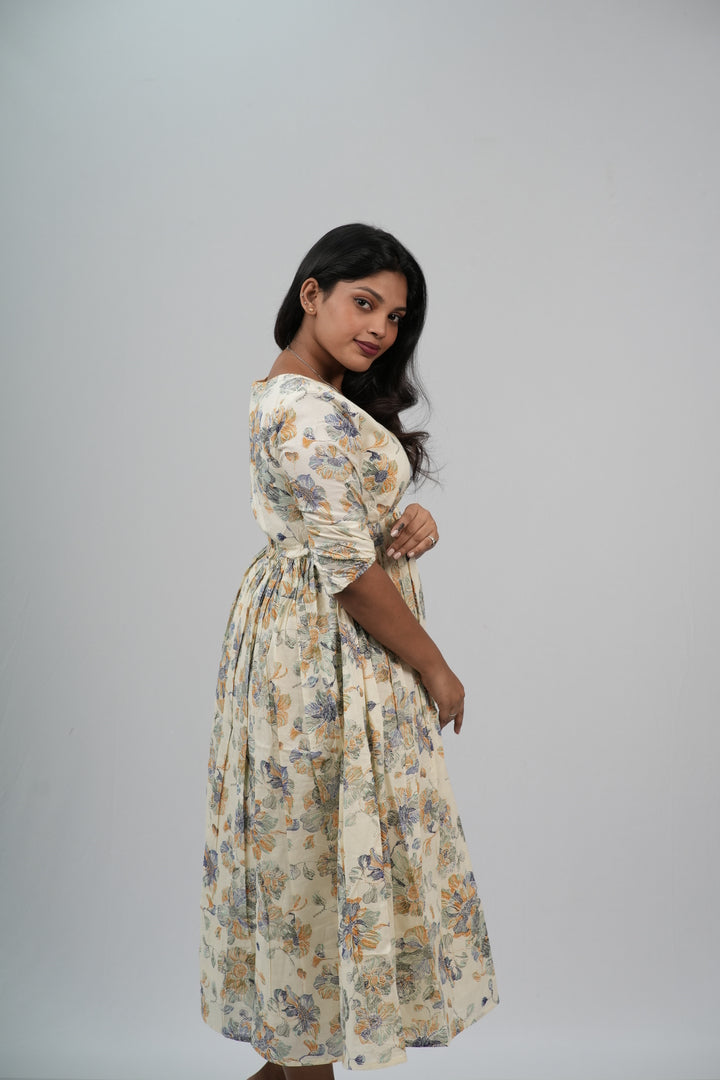 Cream Floral Cotton Tiered A-Line Dress