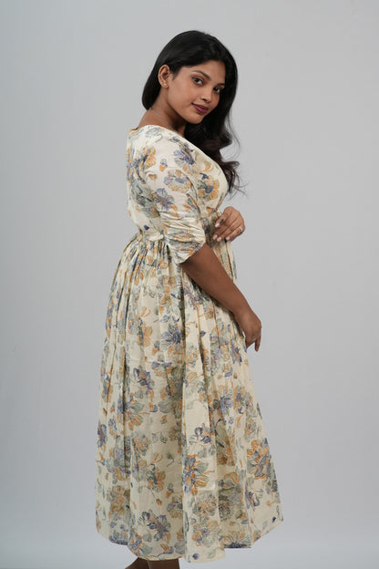 Cream Floral Cotton Tiered A-Line Dress