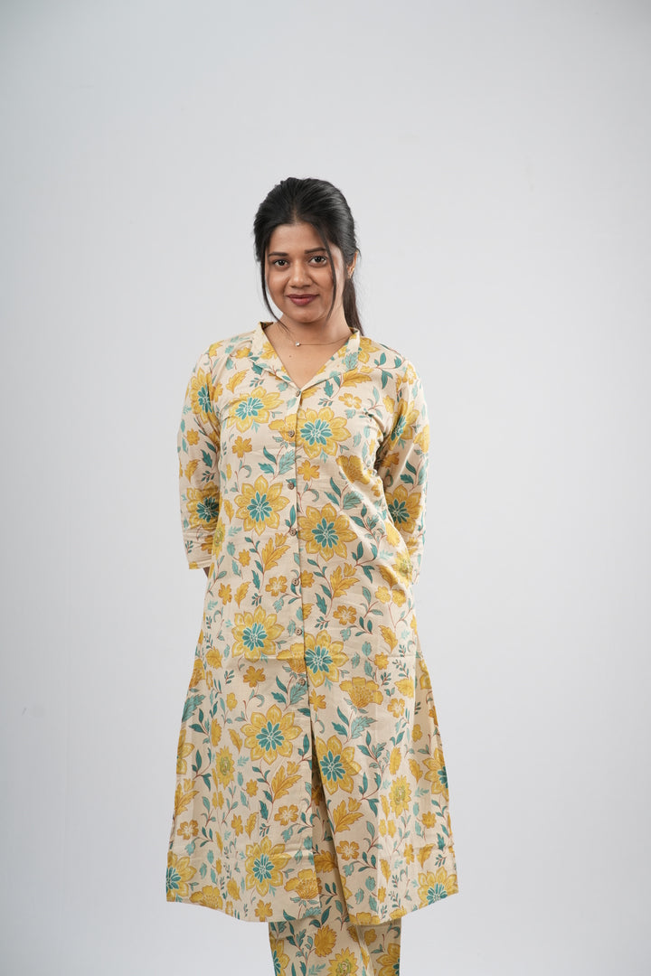 Yellow & Green Floral Vine Print Cotton Co-ord Set