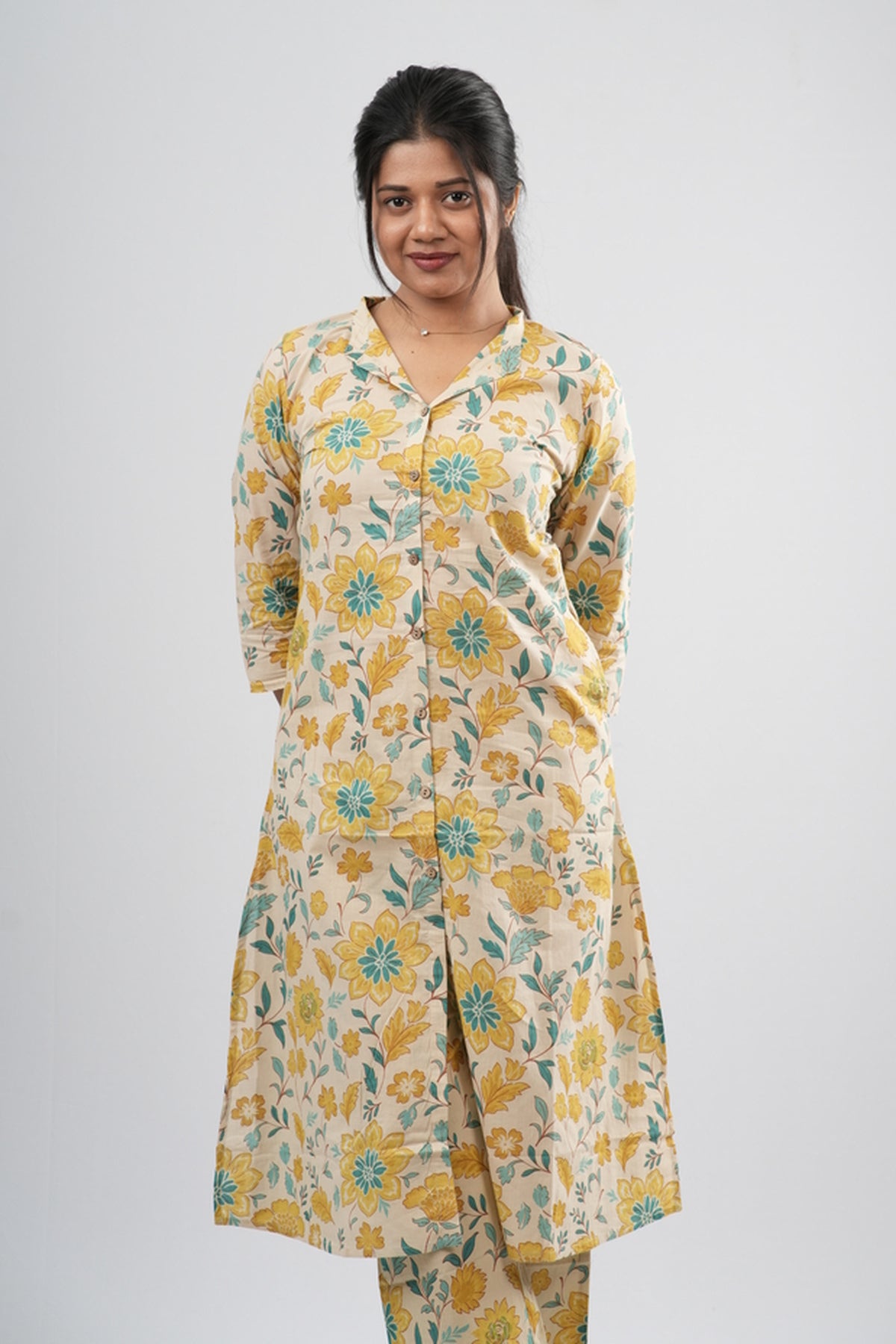 Yellow & Green Floral Vine Print Cotton Co-ord Set