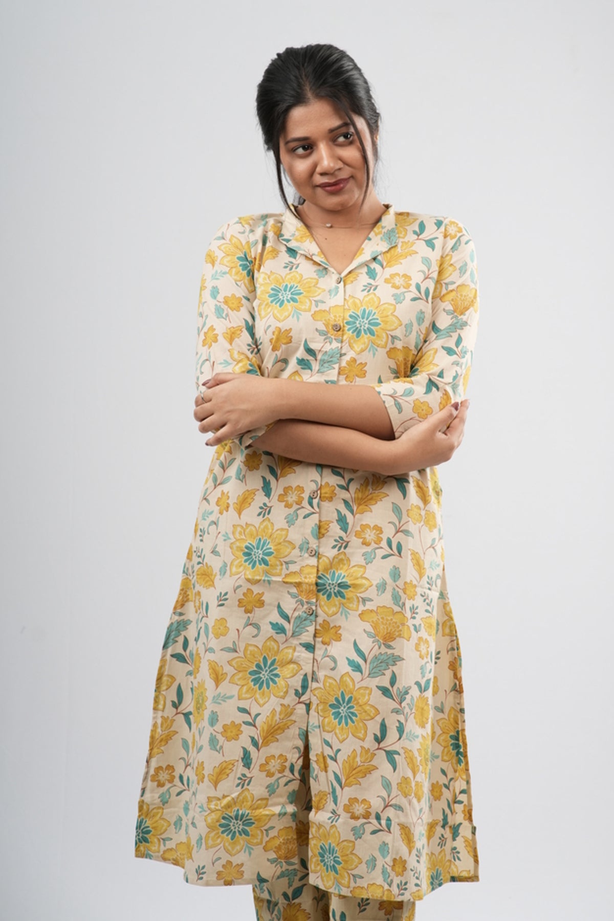 Yellow & Green Floral Vine Print Cotton Co-ord Set