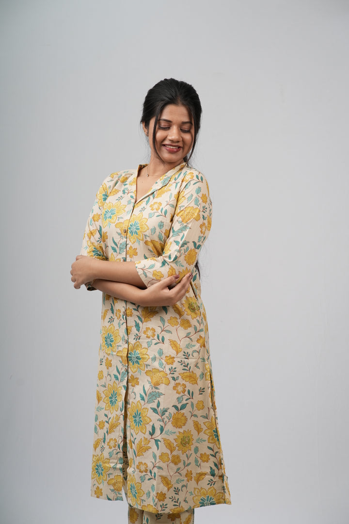 Yellow & Green Floral Vine Print Cotton Co-ord Set