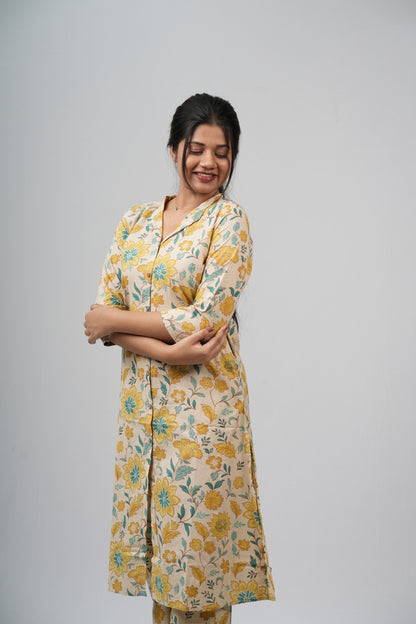 Yellow & Green Floral Vine Print Cotton Co-ord Set
