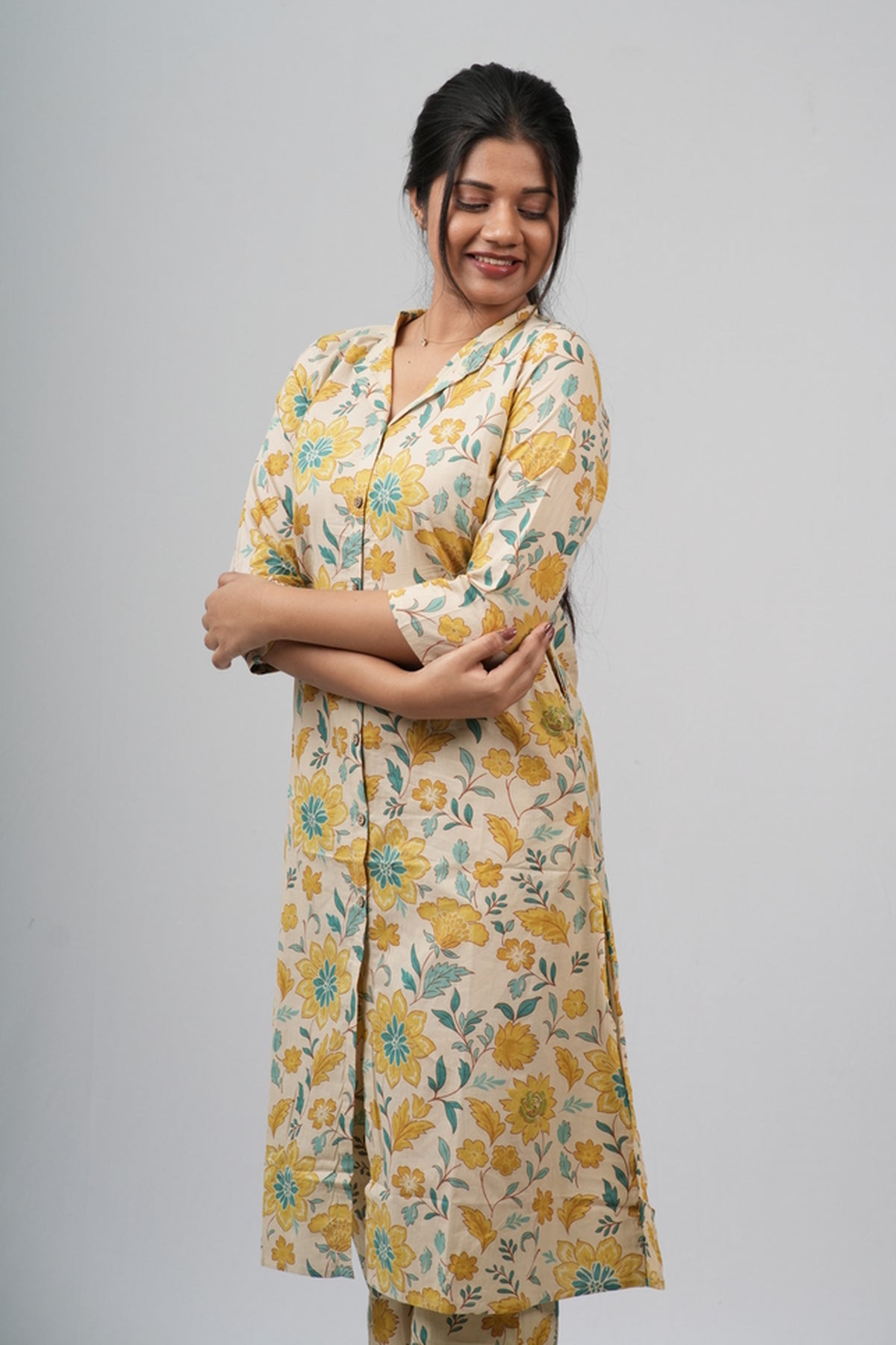 Yellow & Green Floral Vine Print Cotton Co-ord Set