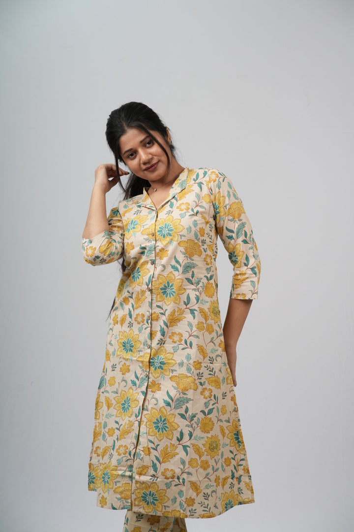 Yellow & Green Floral Vine Print Cotton Co-ord Set