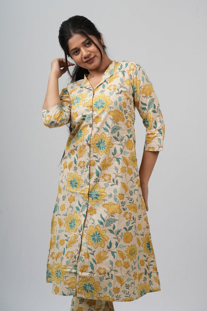 Yellow & Green Floral Vine Print Cotton Co-ord Set
