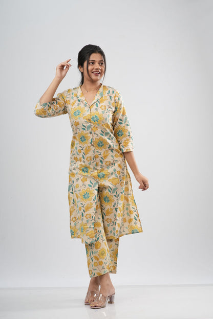 Yellow & Green Floral Vine Print Cotton Co-ord Set