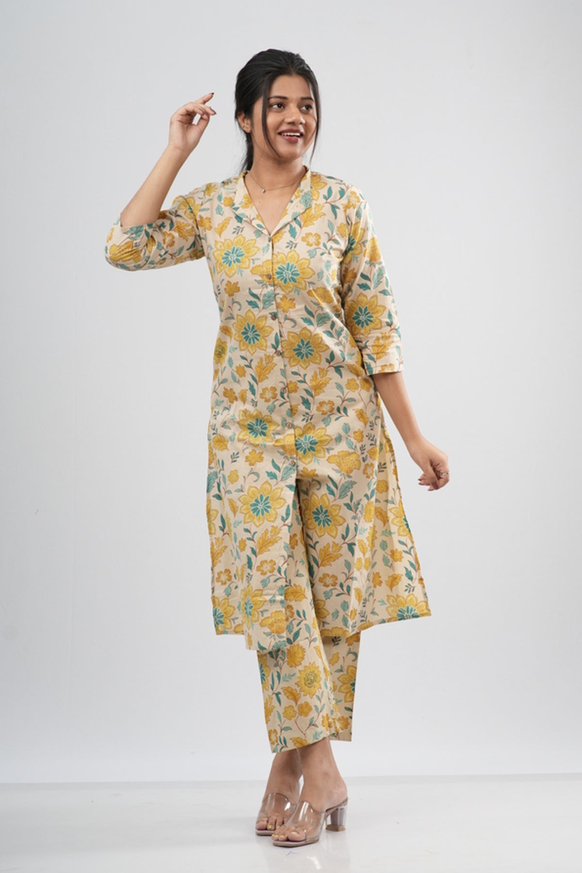 Yellow & Green Floral Vine Print Cotton Co-ord Set