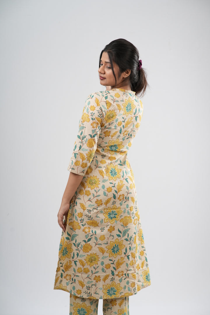 Yellow & Green Floral Vine Print Cotton Co-ord Set