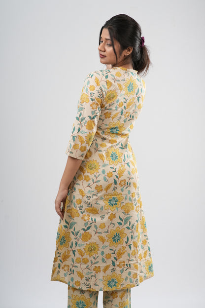 Yellow & Green Floral Vine Print Cotton Co-ord Set