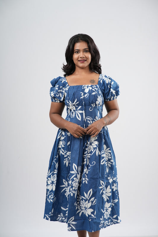 Slate Blue Tropical Floral Smocked A-line Midi Dress