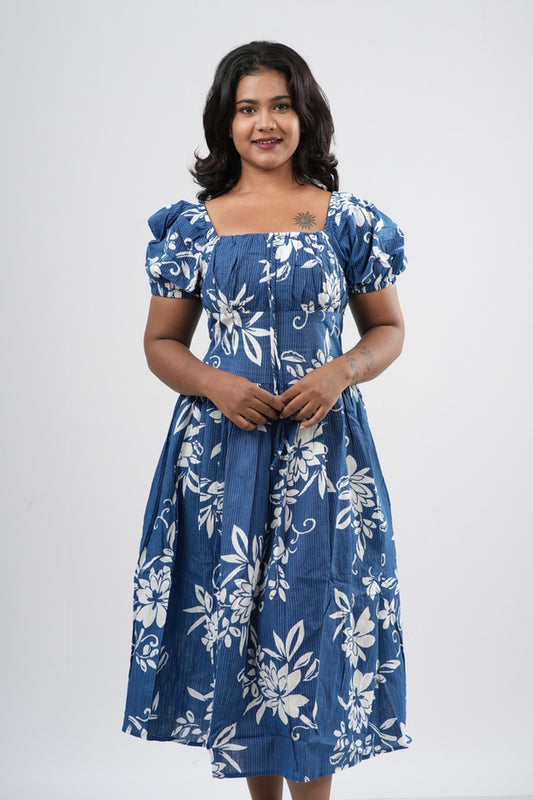 Slate Blue Tropical Floral Smocked A-line Midi Dress