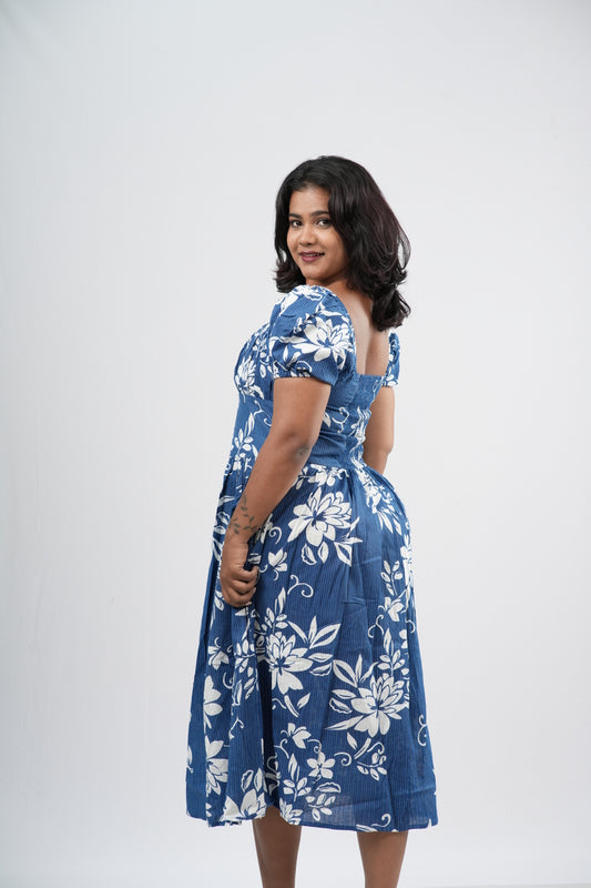 Slate Blue Tropical Floral Smocked A-line Midi Dress