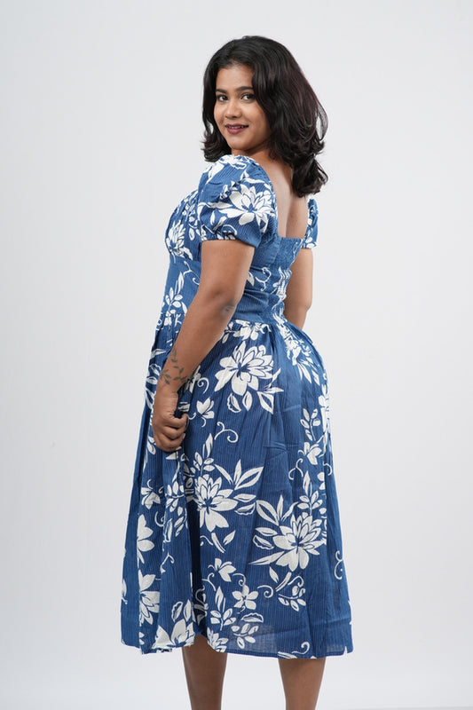 Slate Blue Tropical Floral Smocked A-line Midi Dress