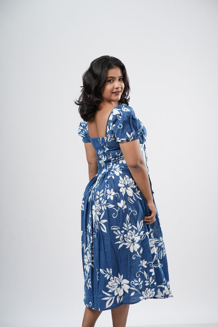 Slate Blue Tropical Floral Smocked A-line Midi Dress
