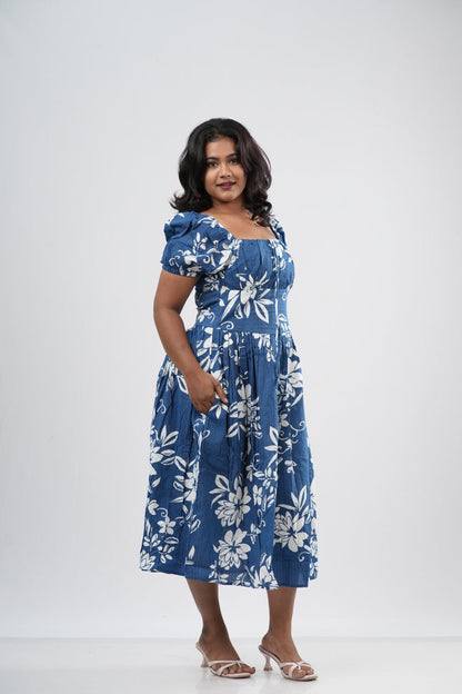 Slate Blue Tropical Floral Smocked A-line Midi Dress