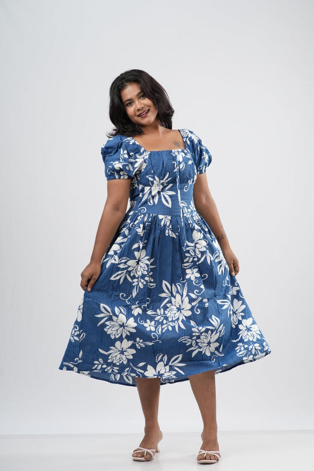 Slate Blue Tropical Floral Smocked A-line Midi Dress