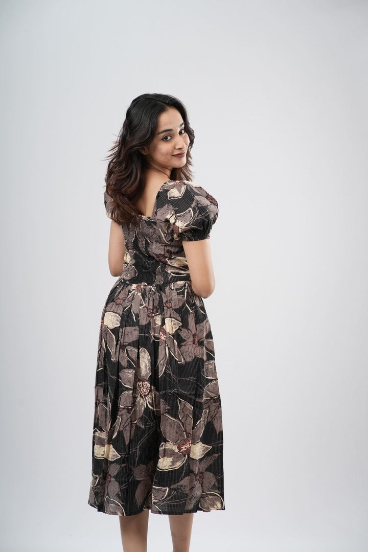 Charcoal Floral Smocked A-line Midi Dress