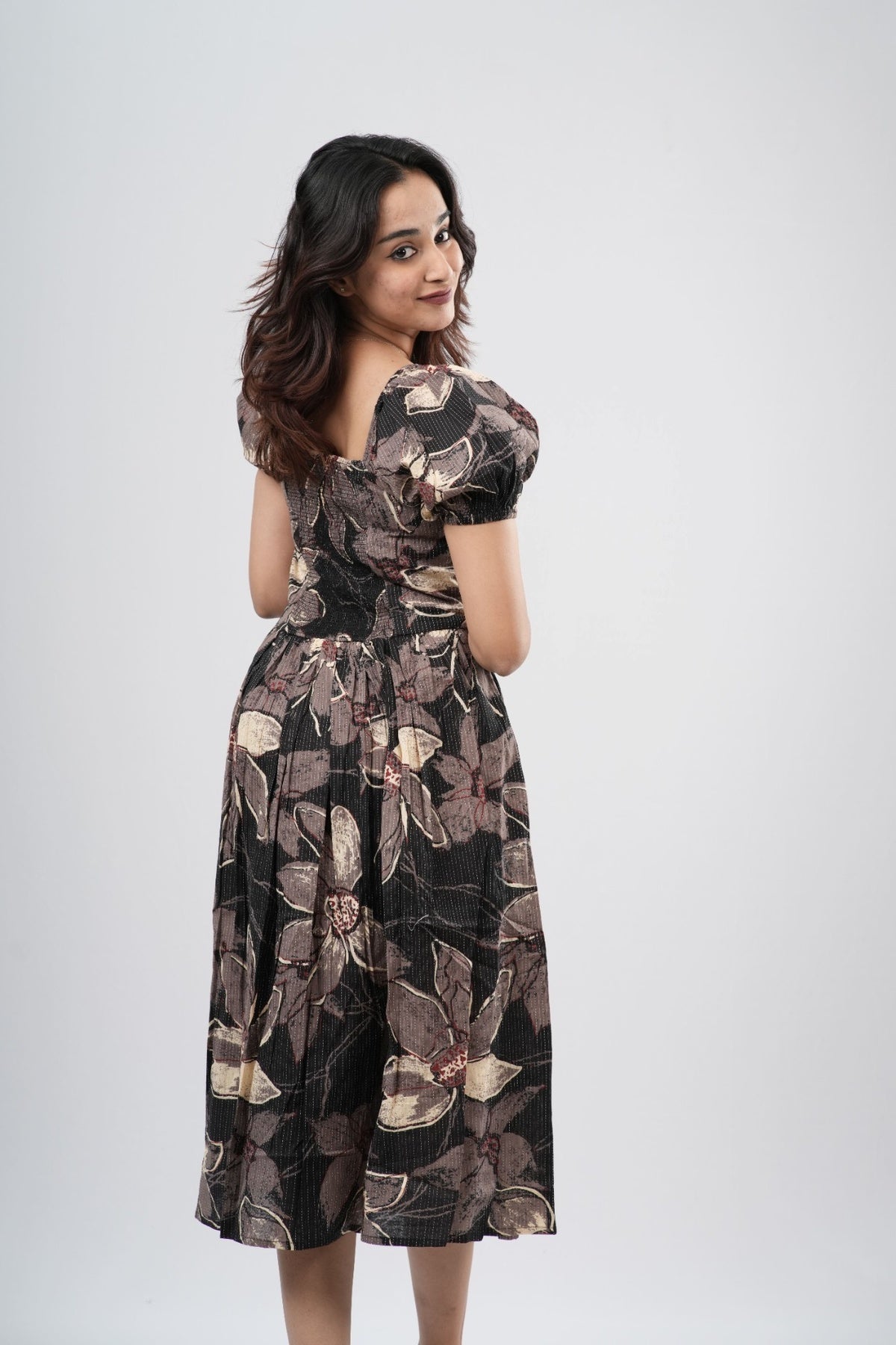 Charcoal Floral Smocked A-line Midi Dress