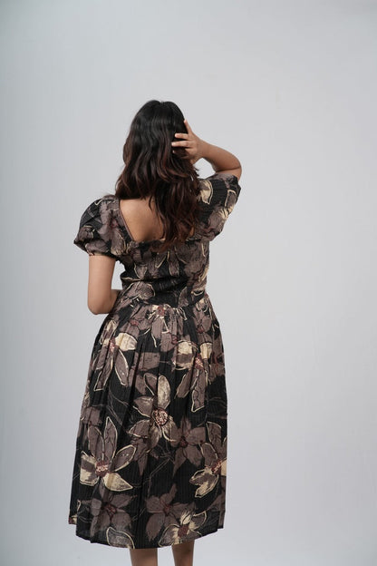 Charcoal Floral Smocked A-line Midi Dress