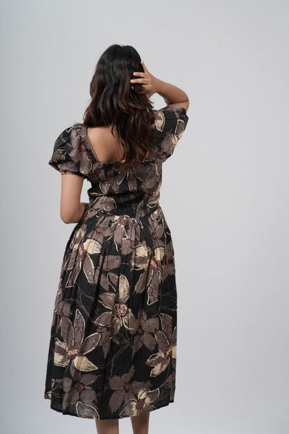 Charcoal Floral Smocked A-line Midi Dress