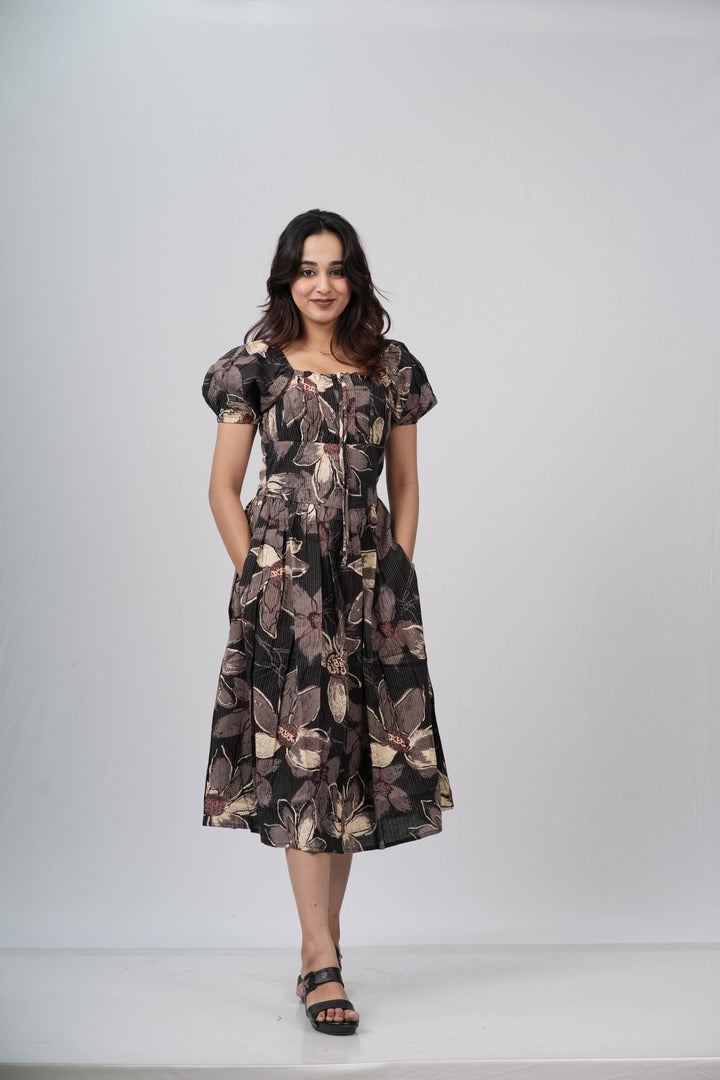 Charcoal Floral Smocked A-line Midi Dress