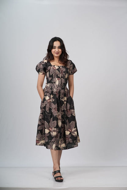 Charcoal Floral Smocked A-line Midi Dress