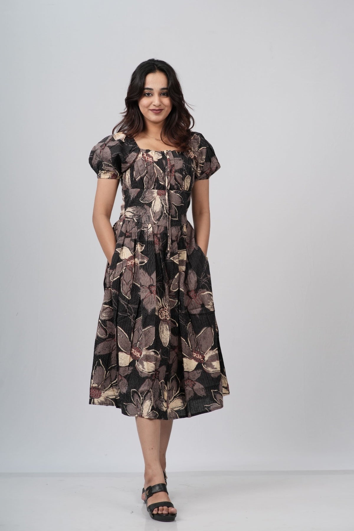 Charcoal Floral Smocked A-line Midi Dress