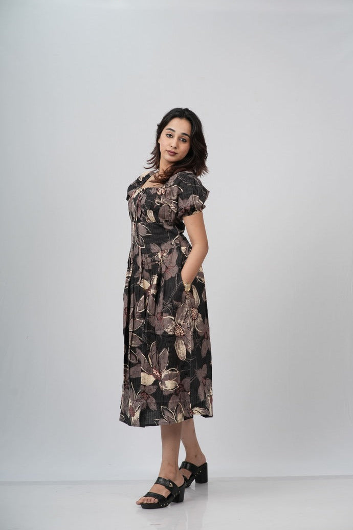 Charcoal Floral Smocked A-line Midi Dress