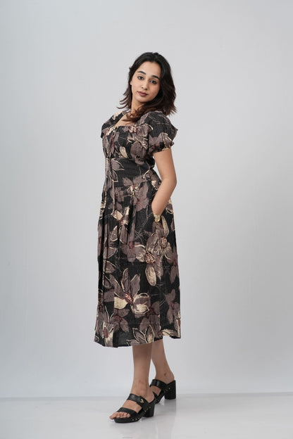 Charcoal Floral Smocked A-line Midi Dress