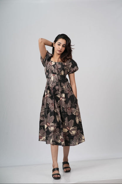 Charcoal Floral Smocked A-line Midi Dress