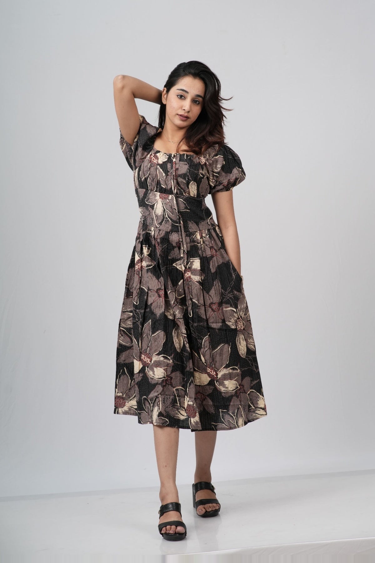 Charcoal Floral Smocked A-line Midi Dress