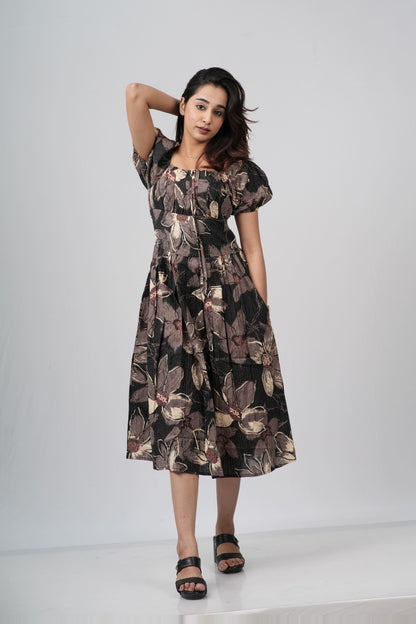 Charcoal Floral Smocked A-line Midi Dress