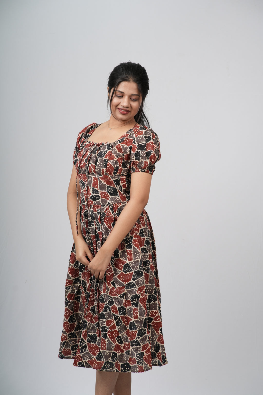 Maroon & Black Ajrakh Print Smocked A-line Midi Dress