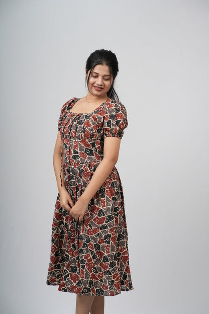 Maroon & Black Ajrakh Print Smocked A-line Midi Dress