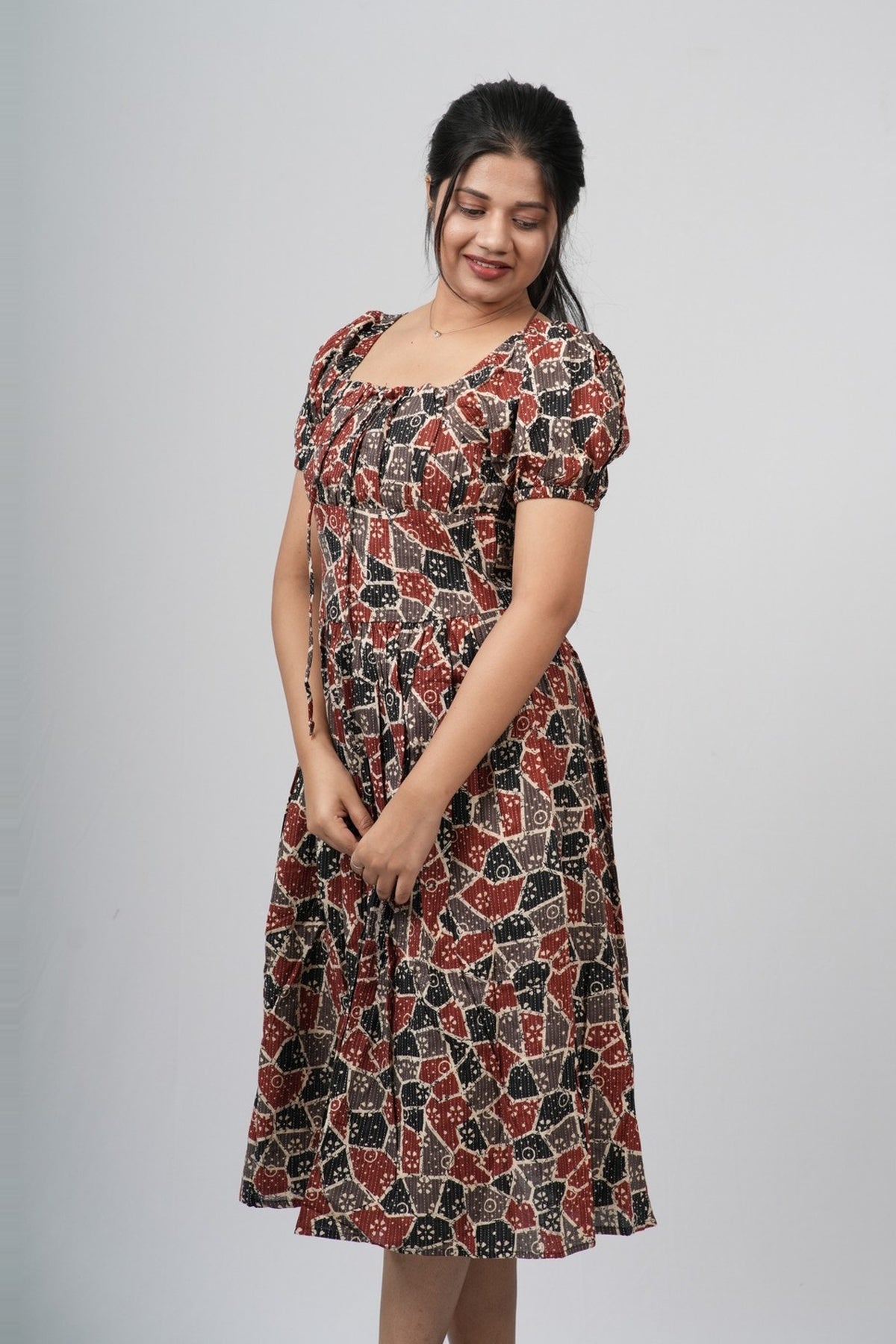 Maroon & Black Ajrakh Print Smocked A-line Midi Dress