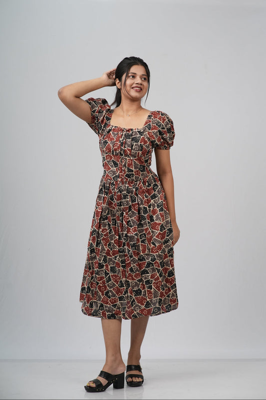 Maroon & Black Ajrakh Print Smocked A-line Midi Dress