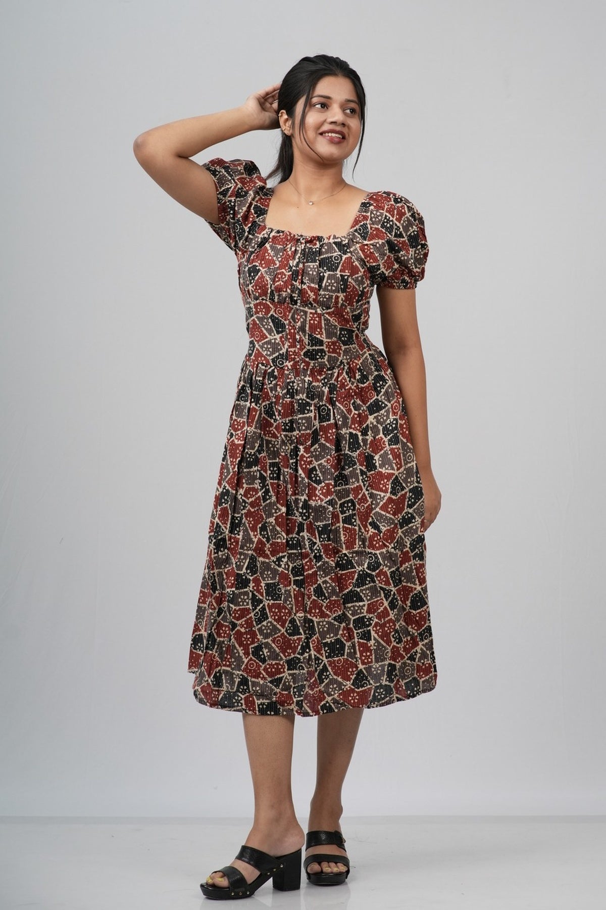 Maroon & Black Ajrakh Print Smocked A-line Midi Dress