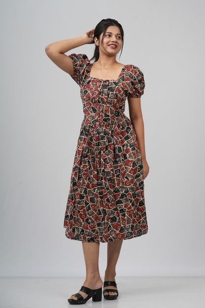 Maroon & Black Ajrakh Print Smocked A-line Midi Dress